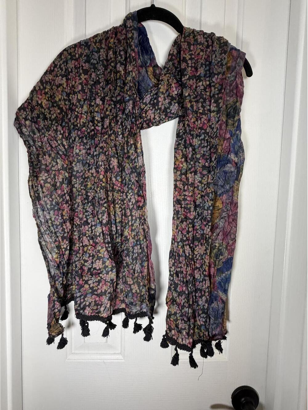 Floral Tassel Scarf, Lightweight Crinkle Black Shawl Wrap